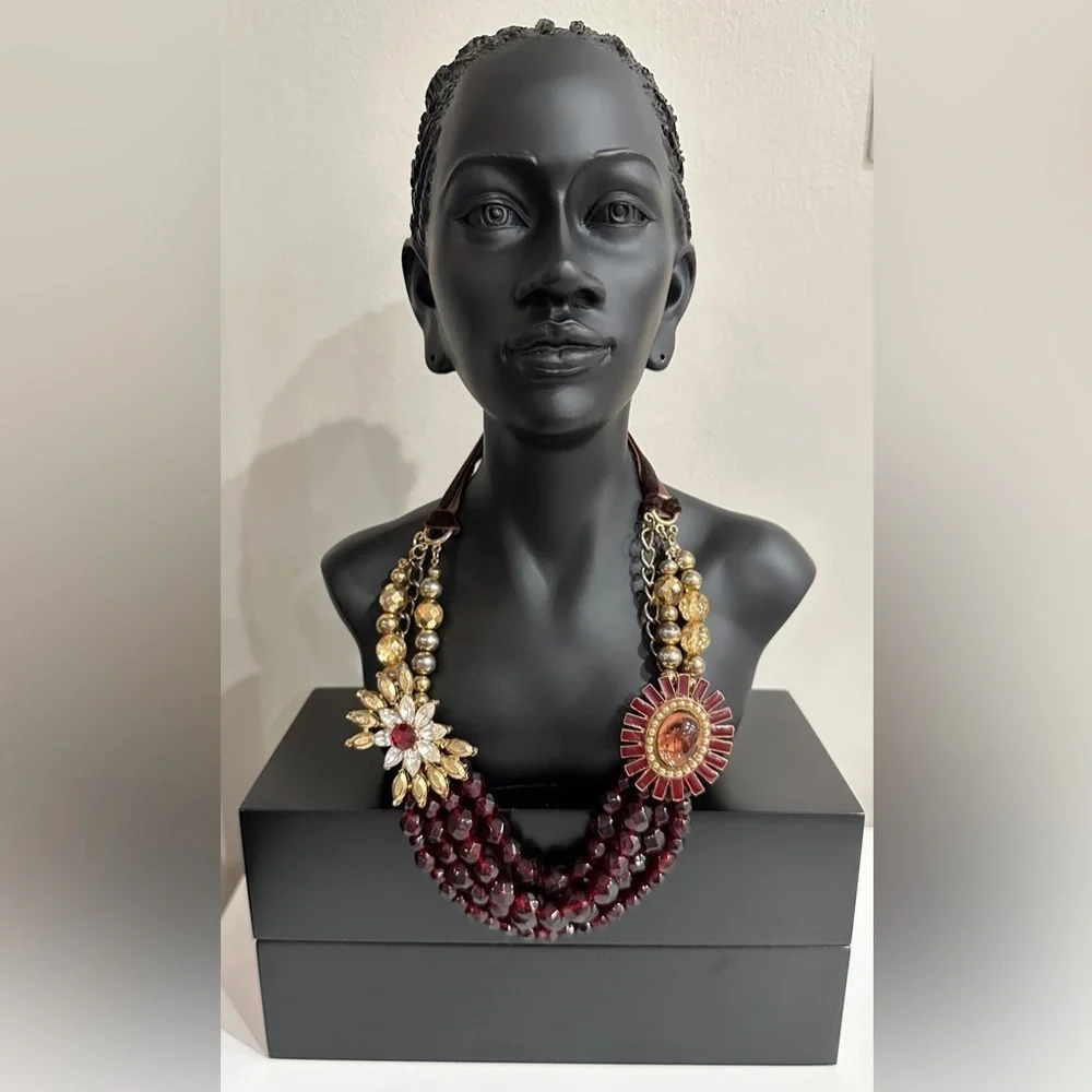 Vintage Multi-Strand Statement Necklace with Velvet Ribbon Accent, Burgundy